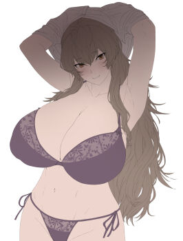 1girl armpits blush bra breasts brown_eyes brown_hair cleavage collarbone commentary_request grey_background hair_between_eyes highres huge_breasts long_hair looking_at_viewer mdf_an navel original panties purple_bra purple_panties side-tie_panties simple_background smile solo underwear underwear_only undressing
