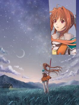 1girl ahoge antenna_hair armor bo_staff brown_gloves cabin clothes_lift cloud crescent_moon eiyuu_densetsu estelle_bright field fingerless_gloves floating_hair gloves grass hair_between_eyes hair_intakes highres holding holding_staff holding_weapon koyagistock long_hair moon mountain mountainous_horizon night night_sky outdoors pauldrons red_eyes short_sleeves shoulder_armor single_pauldron skirt skirt_lift sky solo sora_no_kiseki staff star_(sky) starry_sky thighhighs twintails weapon white_thighhighs