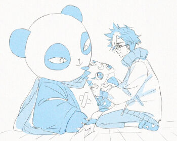1boy animal blue_theme digimon digimon_(creature) digimon_beatbreak from_side full_body gecko gekkomon group_picture holding holding_animal jacket kneeling male_focus monochrome multicolored_hair panda pandamon profile risyo round_eyewear scarf short_hair simple_background smile tenma_tomoro two-tone_hair white_background