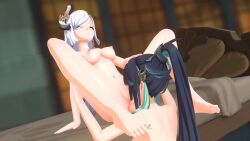 2girls 3d animated bed blue_hair breasts closed_eyes completely_nude cunnilingus female_focus genshin_impact green_eyes hand_on_another&#039;s_head indoors large_breasts moaning multiple_girls navel nipples nsfw_sonia_va nude open_mouth oral ponytail pussy rubyredva saucifer shenhe_(genshin_impact) sound spread_legs tagme toenails toes video xianyun_(genshin_impact) yuri