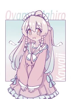 Rule 34 | 1girl, absurdres, ahoge, blue bow, blush, bow, braid, character name, commentary, dress, frilled dress, frills, genderswap, genderswap (mtf), gradient background, hair between eyes, half updo, highres, long hair, long sleeves, maid, maid headdress, onii-chan wa oshimai!, open mouth, oyama mahiro, pink dress, pink hair, simple background, solo, tsubatya, twin braids, unconventional maid, yellow eyes, yume kawaii