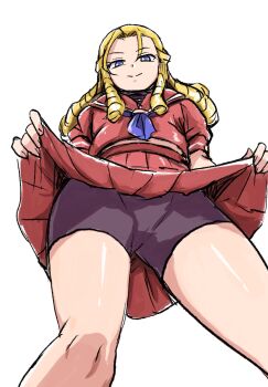 Rule 34 | 1girl, bike shorts, bike shorts under skirt, blonde hair, blue eyes, braid, capcom, closed mouth, female focus, highres, ikaringo (ikaringo4444), kanzuki karin, looking at viewer, looking down, red skirt, simple background, skirt, smile, solo, street fighter, street fighter zero (series), thighs, white background