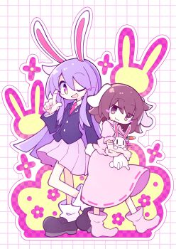 2girls absurdres animal_ears asameshi black_shirt brown_eyes brown_hair brown_shoes closed_mouth dress highres inaba_tewi long_hair long_sleeves multiple_girls necktie one_eye_closed open_mouth pink_dress pink_skirt pink_socks purple_hair rabbit rabbit_ears red_necktie reisen_udongein_inaba shirt shoes skirt smile socks standing touhou white_socks yellow_eyes