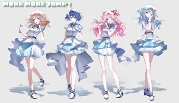 Rule 34 | 4girls, :d, ;d, absurdres, ankle boots, arm at side, bare arms, bare legs, belt, black belt, black bow, black bowtie, blue eyes, blue hair, boots, bow, bowtie, breasts, brown hair, buttons, cat ear heart hands, closed mouth, clover brooch, clover hair ornament, commentary, crossed legs, dot nose, double-breasted, fang, fold-over boots, four-finger heart hands, full body, grey background, grey eyes, grey hair, group name, hair between eyes, hair bow, hair ornament, hanasato minori, hand up, hands up, heart, heart hands, high heels, highres, hinomori shizuku, idol, idol clothes, jacket, johyang e, kiritani haruka, layered skirt, light blush, long hair, looking at viewer, medium breasts, medium hair, midriff peek, momoi airi, more more jump! (project sekai), multiple girls, one eye closed, open mouth, overskirt, pink eyes, pink hair, plaid clothes, plaid collar, plaid skirt, project sekai, red bow, shadow, short hair, short sleeves, sidelocks, simple background, skirt, small breasts, smile, solo, standing, twitter username, two side up, watson cross, white boots, white jacket, white skirt, white wrist cuffs, wing hair ornament, wrist cuffs