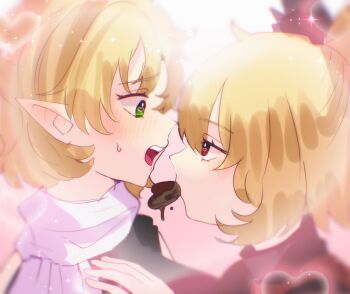 Rule 34 | 2girls, blonde hair, blush, candy, chocolate, chocolate heart, commentary request, eye contact, food, from side, green eyes, hand up, heart, heart-shaped food, heart in eye, highres, inubota 21, kurodani yamame, looking at another, mizuhashi parsee, mouth hold, multiple girls, pointy ears, portrait, red eyes, scarf, short hair, sweatdrop, symbol in eye, touhou, white scarf, yuri