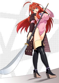 1girl ahoge alternate_costume armor black_boots blue_eyes boots breasts cameltoe covered_erect_nipples covered_navel foreshortening full_body go-toubun_no_hanayome hair_ornament highleg highleg_leotard highres holding holding_polearm holding_weapon japanese_armor kosmos_beta kote kusazuri large_breasts leotard naginata nakano_itsuki open_mouth pink_leotard platform_boots platform_footwear polearm red_hair shoulder_armor sode solo standing star_(symbol) star_hair_ornament thigh_boots thighs weapon