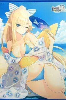 1girl beach bikini blonde_hair blue_hair copyright_name hand_fan highres holding holding_fan kirika_towa_alma official_art one_eye_closed poster sega shining_(series) shining_resonance smile swimsuit tony_taka