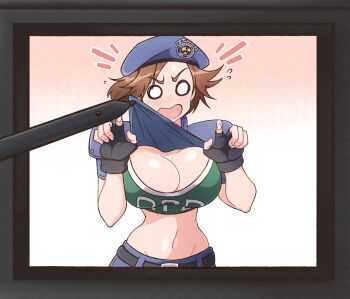 1girl absurdres beret blush breasts brown_hair bursting_breasts capcom cleavage clothes_lift curvy fingerless_gloves fourth_wall gloves handheld_game_console hat highres jeff_miga jill_valentine large_breasts legs navel nintendo_ds o_o open_mouth pants police police_uniform policewoman resident_evil short_hair solo sports_bra surprised thighs tongue white_eyes