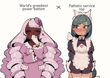 Rule 34 | 2girls, ^ ^, absurdres, apron, ascot, averting eyes, black romper, blush, bow, bowtie, braid, braided ponytail, brown eyes, closed eyes, commentary, covering own mouth, cowboy shot, dark-skinned female, dark skin, dress, english commentary, english text, facing viewer, fascinator, frilled ascot, frilled dress, frilled sleeves, frills, gloves, gold ring, green hair, hair ornament, half-closed eyes, hand over own mouth, hand up, highres, jacinthe (pokemon), juliet sleeves, korichi celeste, lebanne (pokemon), light frown, long braid, long hair, long sleeves, looking to the side, low drills, maid apron, maid headdress, master and servant, multiple girls, nintendo, pokemon, pokemon legends: z-a, puffy sleeves, purple dress, romper, ship dynamics, slit pupils, smile, sweatdrop, top/bottom dynamic annotated, very dark skin, very long hair, white bow, white bowtie, white gloves, yuri