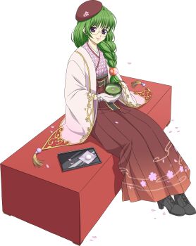 Rule 34 | 1girl, artist request, braid, cherry blossoms, drink, floral print, full body, game cg, gloves, green hair, green tea, hair ornament, hakama, hakama skirt, hat, highres, japanese clothes, kimono, lips, long hair, looking at viewer, official alternate costume, official art, petals, philia felice, philia felice (flower viewing), round eyewear, sitting, skirt, smile, solo, sphere hair ornament, tales of (series), tales of asteria, tales of destiny, tea, third-party source, transparent background, white gloves