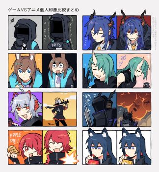 2others 6+girls :3 :d ^_^ amiya_(arknights) animal_ears arknights black_jacket blue_choker blue_hair bowing ch&#039;en_(arknights) character_request choker closed_eyes closed_mouth commentary_request demon_tail doctor_(arknights) explosion exusiai_(arknights) firing firing_at_viewer food green_hair grey_hair halo highres holding holding_tablet_pc hood hood_up horns hoshiguma_(arknights) infection_monitor_(arknights) jacket jewelry long_hair low_twintails multiple_girls multiple_others open_mouth pocky rabbit_ears red_eyes red_hair ring short_hair single_horn smile smoke sparkle surprised sword tablet_pc tail tails_gets_trolled texas_(arknights) twintails upper_body vento very_long_hair w_(arknights) weapon wide-eyed wolf_ears
