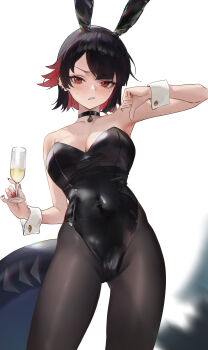 1girl absurdres alternate_costume animal_ears armpits bare_shoulders black_choker black_hair black_leotard black_pantyhose blush breasts choker cleavage clenched_teeth colored_inner_hair commentary covered_navel cowboy_shot cup drinking_glass ellen_joe fake_animal_ears far_side fingernails fins fish_tail hand_up highres holding holding_cup leotard light_blush long_fingernails looking_at_viewer medium_breasts multicolored_hair nail_polish pantyhose parted_bangs playboy_bunny rabbit_ears red_eyes red_hair red_nails revision shark_girl shark_tail solo strapless strapless_leotard sweatdrop tail teeth thumbs_down two-tone_hair white_background wine_glass zenless_zone_zero