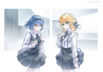 2girls absurdres aged_down artist_name bianca_(pgr) black_bow black_dress black_hairband black_ribbon blue_hair border bow bow_hairband chiko_(pgr) chinese_commentary collared_dress collared_shirt commentary dress frilled_cuffs green_eyes grey_background hair_between_eyes hair_bow hairband highres medium_hair multiple_girls neck_ribbon outside_border pinafore_dress pleated_dress pleated_skirt punishing:_gray_raven ribbon shirt skirt sleeveless sleeveless_dress smile suspender_skirt suspenders ting_zhi_yue white_border white_shirt yellow_eyes