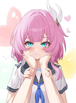 1girl 1other absurdres alternate_costume blue_eyes blue_neckerchief blue_sailor_collar blush breasts chinese_commentary commentary_request cyrene_(aedes_elysiae)_(honkai:_star_rail) cyrene_(honkai:_star_rail) hair_ornament heart highres honkai:_star_rail honkai_(series) lao_xi looking_at_viewer meme multicolored_hair neckerchief pink_hair pov pov_cheek_grabbing_(meme) pov_hands sailor_collar school_uniform serafuku short_hair simple_background small_breasts two-tone_hair white_hair white_serafuku