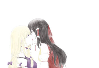 2girls absurdres ascot blonde_hair blush bow brown_hair commentary detached_sleeves frilled_hair_tubes frills hair_bow hair_tubes hakurei_reimu highres kiss long_hair multiple_girls no_headwear purple_bow purple_eyes purple_tabard red_bow red_eyes symbol-only_commentary tabard tongue touhou wutian_buchi_yu yakumo_yukari yellow_ascot yuri