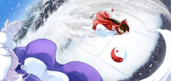 2girls bow brown_eyes brown_hair commentary_request detached_sleeves fighting floating frilled_bow frills gohei hair_bow hair_tubes hakurei_reimu hat highres holding holding_gohei letty_whiterock long_hair long_sleeves multiple_girls orb perfect_cherry_blossom purple_hair purple_skirt purple_vest red_bow red_skirt ribbon-trimmed_sleeves ribbon_trim ritu_(ri_tu49) skirt skirt_set snow touhou vest white_hat winter yin_yang yin_yang_orb