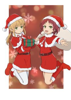 Rule 34 | 2girls, aisha greyrat, belt, box, christmas, dress, fang, gift, gift box, green eyes, hat, highres, looking at viewer, midcalf boots, multiple girls, mushoku tensei, norn greyrat, ponytail, red shoes, santa costume, santa dress, santa hat, shoes, siblings, sisters, thighhighs, white thighhighs, yaken (11keionnota06)