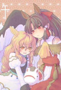 Rule 34 | 2girls, alternate costume, animal ears, asa no ha (pattern), ascot, black vest, blonde hair, blush, bow, braid, brown hair, chinese zodiac, commentary request, detached sleeves, dress, embellished costume, hair bow, hair tubes, hakurei reimu, horse ears, horse girl, juliet sleeves, karioda, kemonomimi mode, kirisame marisa, long hair, long sleeves, multiple girls, new year, no headwear, open mouth, pink bow, ponytail, puffy sleeves, red eyes, red skirt, side braid, single braid, skirt, smile, tassel, touhou, translation request, vest, white ascot, white dress, year of the horse, yellow ascot, yellow eyes