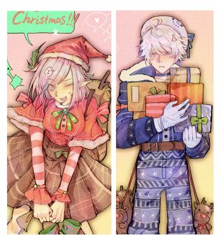 1boy 1girl blue_eyes boots border box brown_boots brown_skirt commentary elf elysia_(honkai_impact) english_commentary english_text gift gift_box gloves hat heart highres holding holding_gift honkai_(series) honkai_impact_3rd kaleidos kevin_kaslana merry_christmas pants pink_hair pointy_ears purple_pants purple_sweater red_boots red_shirt santa_hat shirt skirt smile speech_bubble spoken_heart sweater white_border white_gloves white_hair