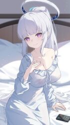 Rule 34 | bare shoulders, blue archive, breasts, chiyo akira, cleavage, long hair, noa (blue archive), on bed, ponytail, purple eyes, sitting, smile, solo, white hair