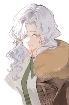 Rule 34 | 1girl, brown coat, coat, collared shirt, commentary request, fur-trimmed coat, fur trim, green necktie, hair over one eye, highres, korean commentary, long hair, looking at viewer, mole, mole under mouth, necktie, one eye covered, purple eyes, reverse:1999, sacha (un 782), shirt, smile, solo, upper body, wavy hair, white background, white hair, white shirt, windsong (reverse:1999)