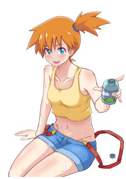 1girl :d arm_support bare_arms bare_shoulders blendinglight blue_eyes blue_shorts blush bottle breasts collarbone crop_top denim denim_shorts eyelashes groin hair_tie holding holding_bottle looking_at_viewer midriff misty_(pokemon) navel nintendo open_mouth orange_hair pokemon pokemon_(anime) pokemon_(classic_anime) pokemon_rgby ponytail shiny_skin shirt short_hair short_shorts shorts side_ponytail simple_background sitting sleeveless smile solo suspender_shorts suspenders suspenders_slip sweat tank_top teeth tongue upper_teeth_only water_bottle white_background yellow_shirt yellow_tank_top