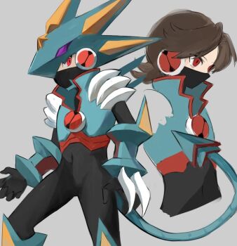 Rule 34 | 1boy, armor, bodysuit, brown hair, cowboy shot, green armor, green helmet, gregar (mega man), grey background, helmet, highres, hub hikari (mega man), looking at viewer, male focus, mask, mega man (series), mega man battle network (series), mega man battle network 6, megaman.exe, mouth mask, netnavi, popped collar, red eyes, rokuroku551, short hair, simple background, standing, tagme, tail, vambraces