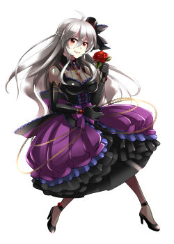 1girl ahoge braid breasts brooch caffein chain cleavage dress elbow_gloves female_focus flower gloves hat highres jewelry long_hair looking_at_viewer pantyhose project_diva_(series) project_diva_extend red_eyes rose silver_hair smile solo very_long_hair vocaloid yowane_haku yowane_haku_(gothic_purple)
