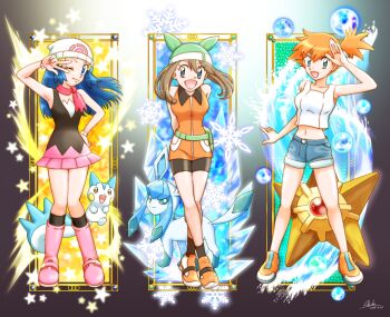 3girls :d arms_behind_back asymmetrical_hair bandana beanie black_socks blue_eyes blue_hair blue_shorts boots breasts brown_hair dawn_(pokemon) denim denim_shorts fanny_pack gen_1_pokemon gen_4_pokemon glaceon green_eyes hand_on_own_hip hat highres long_hair looking_at_viewer may_(pokemon) midriff misty_(pokemon) multiple_girls navel nintendo one_eye_closed open_mouth orange_hair pachirisu pikasato_akiko pink_skirt pokemon pokemon:_let's_go_pikachu!_and_let's_go_eevee! pokemon_diamond/pearl/platinum pokemon_emerald pokemon_ruby/sapphire/emerald ponytail salute scarf shirt shoes short_hair short_shorts shorts side_ponytail skirt sleeveless sleeveless_shirt smile snowflakes socks standing star_(symbol) staryu tank_top v w watch water wristwatch