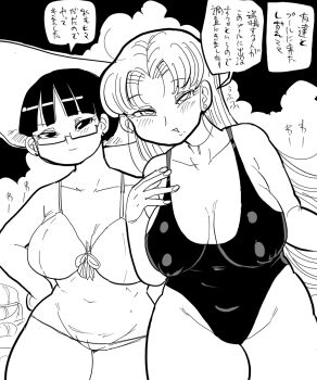 2girls bad_tag bikini blush breasts cleavage cloud covered_erect_nipples earrings glasses greyscale hand_on_own_hip hat huge_breasts jewelry kiliu large_breasts long_hair looking_at_viewer mature_female mole mole_under_eye monochrome multiple_girls one-piece_swimsuit short_hair smile sun_hat swimsuit