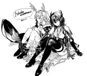 2girls anklet arknights bandaged_leg bandages bird_tail black_boots black_dress black_gloves black_shoes black_thighhighs boots bracelet breasts cantabile_(arknights) commentary_request cross cross_necklace dress elbow_gloves feather_hair full_body gloves greyscale head_wings high_heels infection_monitor_(arknights) jacket jewelry knees_up kyo_zip long_hair looking_at_viewer manticore_(arknights) medium_breasts mole mole_under_eye monochrome multiple_girls necklace official_artist_extra on_floor parted_lips pointy_ears scorpion_tail shirt shoes short_dress side-by-side signature sitting socks tail thigh_strap thighhighs thighs twitter_username white_background white_shirt wings
