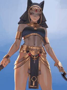 Rule 34 | 1girl, absurdres, ancient egyptian clothes, animal ears, armlet, bare shoulders, bracelet, breasts, check translation, cowboy shot, crop top, dark-skinned female, dark skin, dog ears, fake animal ears, gradient background, half-closed eyes, highres, jewelry, medium breasts, navel, orange eyes, ori dal, original, shiny skin, solo, translation request
