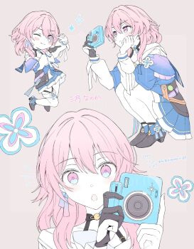 Rule 34 | 1girl, :o, bra strap, camera, chibi, choker, commentary request, earrings, gloves, highres, honkai: star rail, honkai (series), jewelry, march 7th (honkai: star rail), march 7th (preservation) (honkai: star rail), medium hair, multicolored eyes, off shoulder, overskirt, partially fingerless gloves, pink hair, pleated skirt, saki hajime, shoes, single earring, skirt, squatting, thigh strap, two-tone eyes