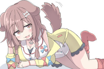 Rule 34 | 1girl, animal ears, bone hair ornament, braid, breasts, brown eyes, brown hair, commentary, dog ears, dog girl, dog tail, hair ornament, highres, hololive, inugami korone, inugami korone (1st costume), large breasts, solo, tail, twin braids, umberblack, virtual youtuber, white background