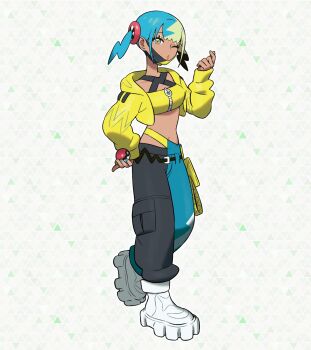 1girl aqua_hair artist_request black_mask blonde_hair breasts canari_(pokemon) dark-skinned_female dark_skin fake_hair_bun highres jacket long_sleeves looking_at_viewer mask mouth_mask multicolored_hair navel nintendo official_art pants pokemon pokemon_legends:_z-a short_twintails solo split-color_hair sports_bra twintails two-tone_hair two-tone_mask two-tone_pants yellow_jacket yellow_mask yellow_sports_bra