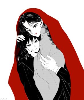 Rule 34 | 1boy, 1girl, braid, closed mouth, commentary request, empty eyes, fingernails, greyscale, hair between eyes, hand up, highres, japanese clothes, kimetsu no yaiba, kimono, kurukusu 00, long hair, looking at viewer, low ponytail, monochrome, ponytail, simple background, single braid, smile, spiked hair, spot color, tomioka giyuu, tomioka tsutako, white background