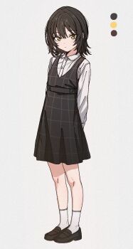 Rule 34 | 1girl, aged down, arms behind back, black dress, black hair, checkered clothes, checkered dress, color guide, dress, highres, idolmaster, idolmaster shiny colors, ikaruga luca, long sleeves, looking at viewer, medium hair, qaqyes re, shirt, simple background, sleeveless, sleeveless dress, socks, solo, white shirt, yellow eyes