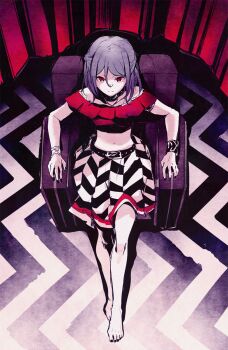 1girl aikatsu!_(series) aikatsu_friends! armchair bad_id bad_twitter_id bare_shoulders barefoot black_nails black_skirt blue_hair bracelet chair closed_mouth cropped_shirt curtains from_above full_body hair_between_eyes highres image_sample jewelry looking_at_viewer midriff minato_mio nail_polish on_chair pleated_skirt red_eyes red_shirt shiontaso shirt short_hair sitting skirt solo twitter_sample two-tone_skirt