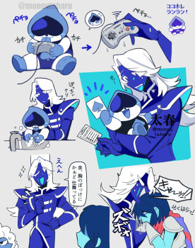 1girl 1other 2boys :3 :d ;d ace_(playing_card) ace_of_spades ankle_boots armor armored_gloves arrow_(symbol) blank_eyes blue_boots blue_coat blue_eyes blue_gloves blue_hair blue_pants blue_skin blue_tongue blush boots card carrying carrying_person closed_mouth coat colored_skin colored_tongue commentary_request cowboy_shot cropped_torso deltarune elnina_(deltarune) eyes_visible_through_hair fewer_digits flipped_hair flying_sweatdrops full_body gloves grey_background grey_gloves hair_over_one_eye hand_on_own_hip handheld_game_console highres holding holding_card holding_handheld_game_console holding_paper kris_(dark_world)_(deltarune) kris_(deltarune) lancer_(deltarune) long_hair long_sleeves looking_at_another looking_at_viewer lower_teeth_only motion_lines multiple_boys multiple_views one_eye_closed open_mouth pants paper playing_card playing_games purple_scarf red_scarf rouxls_kaard saliva scarf short_hair shoulder_armor simple_background sink sitting smile spade_(shape) speech_bubble spoken_character squiggle standing star_(symbol) striped_clothes striped_scarf sweat taharu_(papiyas) teeth thumbs_up tongue tongue_out translation_request twitter_username two-tone_scarf upper_teeth_only utdr_(toby_fox) white_hair