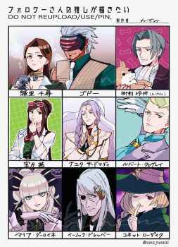 4girls 5boys ace_attorney animal ascot ashley_graydon bead_necklace beads beard bindi black_bow black_gloves blonde_hair blue_ascot blunt_bangs bow braid braided_ponytail bridal_gauntlets brown_eyes brown_hair brown_scarf cape coat coffee_mug collared_shirt commentary_request cup dog earrings ema_skye enoch_drebber esmeralda_tusspells eye_mask facial_hair finger_to_mouth followers_favorite_challenge gear_hair_ornament gears gloves godot_(ace_attorney) green_cape green_eyes green_vest grey_eyes grey_hair grey_jacket hair_between_eyes hair_bow hand_up hat hat_ornament highres holding holding_animal holding_cup holding_dog hoop_earrings jacket jewelry lab_coat long_hair looking_at_another magatama magatama_necklace maria_gorey mask mia_fey miles_edgeworth missile_(ace_attorney) mole mole_under_mouth monocle mug multiple_boys multiple_drawing_challenge multiple_girls nahyuta_sahdmadhi necklace necktie one_eye_closed open_clothes open_coat phoenix_wright:_ace_attorney phoenix_wright:_ace_attorney_-_spirit_of_justice phoenix_wright:_ace_attorney_-_trials_and_tribulations pink_lips purple_hair rat_nkmi red_eyes red_jacket red_necktie scarf shirt short_hair smile star_(symbol) star_hat_ornament steam the_great_ace_attorney the_great_ace_attorney:_adventures vest watch white_ascot white_coat white_gloves white_shirt witch_hat wristwatch