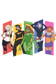 bad_link batgirl belly belt black_hair blonde_hair braid cassandra_cain cynthiacizercreates dc_comics gloves harley_quinn highres multicolored_hair multiple_girls multiple_views navel poison_ivy purple_hair raven_(dc) red_hair simple_background starfire thighhighs twin_braids two-tone_hair
