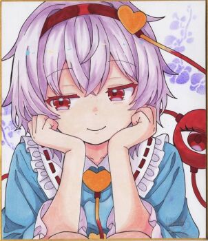 Rule 34 | 1girl, blue shirt, closed mouth, collared shirt, colored eyelashes, commentary request, frilled shirt collar, frilled sleeves, frills, hair ornament, hairband, hands on own cheeks, hands on own face, heart, heart hair ornament, hoshi tea party, komeiji satori, marker (medium), pink hair, red eyes, red hairband, shikishi, shirt, short hair, sideways glance, smile, solo, third eye, three-quarter sleeves, touhou, traditional media, upper body