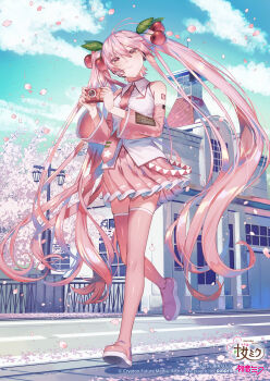 1girl arm_tattoo bare_shoulders blush boots breasts camera cherry_blossom_print cherry_blossoms cherry_hair_ornament closed_mouth cloud cloudy_sky collarbone collared_shirt commentary_request day detached_sleeves falling_petals floral_print food-themed_hair_ornament fujimi_nanna full_body hair_between_eyes hair_ornament hatsune_miku highres holding holding_camera lamppost long_hair long_sleeves looking_at_viewer necktie number_tattoo outdoors petals pink_boots pink_eyes pink_hair pink_necktie pink_petals pink_skirt pink_sleeves pleated_skirt road sakura_miku shirt skirt sky sleeveless sleeveless_shirt smile solo tattoo thick_thighs thigh_boots thighhighs thighs twintails very_long_hair vocaloid walking white_background wide_sleeves zettai_ryouiki