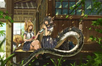 159cm 2girls ^_^ animal_ear_fluff animal_ear_piercing animal_ears architecture bag barbell_piercing belt_boots black_bag black_boots black_hair black_necktie blonde_hair blue_bag blue_sailor_collar blue_skirt blush boots bow breasts building cellphone closed_eyes commentary_request crossed_legs day dragon_girl dragon_horns east_asian_architecture foliage fox_ears fox_girl fox_tail holding holding_phone horns large_breasts long_hair looking_at_another low_ponytail medium_hair miniskirt monster_girl multiple_girls necktie open_mouth original outdoors phone piercing plant pleated_skirt pointy_ears ponytail sailor_collar school_bag school_uniform serafuku shirt short_sleeves sitting skirt smartphone smile steepled_fingers tail tail_bow tail_ornament thigh_strap unworn_bag veranda very_long_tail white_shirt wide_shot yellow_eyes