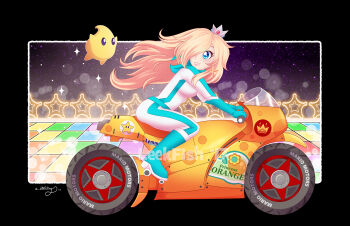 Rule 34 | bicycle, biker clothes, biker rosalina, bikesuit, blonde hair, blue eyes, bodysuit, breasts, crown, driving, earrings, jewelry, leekfish, long hair, luma (mario), mario (series), mario kart, mario kart 8, nintendo, rainbow road, rosalina, silver crown, skin tight, wheel, white bodysuit