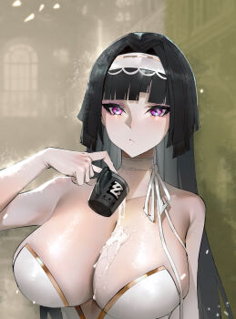 1girl 619345768 :/ absurdres alternate_breast_size_(larger) alternate_costume astra_yao bare_shoulders black_hair breasts choker closed_mouth collarbone commentary_request copyright_logo copyright_name cum cum_on_body cum_on_breasts cum_on_upper_body cup fingernails hair_intakes hairband hand_up highres holding holding_cup huge_breasts indoors leotard logo long_hair purple_eyes ribbon_choker solo spilling strapless strapless_leotard uneven_bangs upper_body white_choker white_hairband white_leotard white_nails window zenless_zone_zero