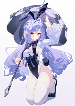 1girl absurdres adapted_costume ahoge animal_ears arm_up artist_name black_bow black_bowtie black_nails black_shoes black_umbrella blush bow bowtie braid breasts brooch closed_mouth commentary_request detached_sleeves fake_animal_ears fake_tail fingernails frilled_leotard frilled_sleeves frills full_body gradient_background hair_between_eyes half_up_braid hand_up highleg highleg_leotard highres holding holding_umbrella jewelry kneeling leotard long_hair long_sleeves looking_at_viewer medium_breasts multicolored_hair multicolored_leotard nail_polish navel parasol playboy_bunny pointy_ears purple_background purple_bow purple_bowtie purple_hair purple_umbrella rabbit_ears rabbit_tail raised_eyebrows red_eyes shoes solo streaked_hair tail thighhighs tiptoes two-tone_background two-tone_leotard two-tone_umbrella umbrella very_long_hair vivian_banshee white_background white_leotard white_streaks white_thighhighs wide_sleeves wzoarrylmovmuju zenless_zone_zero