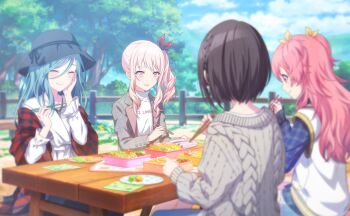 1other 3girls ^_^ akiyama_mizuki arm_up black_hat blue_shirt blue_sky blush braid brown_vest casual chopsticks closed_eyes closed_mouth clothes_writing cloud colorful_palette day drill_hair drill_ponytail drill_sidelocks eating food forest frilled_sleeves frills game_cg grey_sweater hair_ribbon hand_on_own_cheek hand_on_own_face hand_up hat hat_ribbon high_side_ponytail highres hinomori_shizuku holding holding_chopsticks jacket jacket_partially_removed long_hair lunch lunchbox medium_hair mole mole_under_mouth momoi_airi multiple_girls napkin nature official_art onayami_kikasete!_wakuwaku_picnic_(project_sekai) outdoors pink_eyes pink_hair plaid_clothes plaid_jacket plaid_shirt plate polka_dot project_sekai red_jacket red_ribbon ribbon shinonome_ena shirt short_hair short_twintails side_braid sidelocks sitting sky sweater sweater_vest table third-party_source tree turtleneck turtleneck_shirt twintails vegetable vest white_shirt white_sweater_vest wooden_table yellow_ribbon