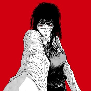 1girl absurdres black_hair chainsaw_man devil_girl highres looking_at_viewer raggumba red_eyes scar scar_on_face school_uniform unusual_pupils yoru_(chainsaw_man)