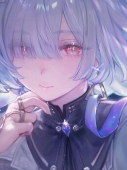 1girl bibimbub closed_mouth colored_eyelashes commentary earrings english_commentary eyes_visible_through_hair grey_hair hair_over_one_eye hand_up jewelry long_hair looking_at_viewer mornye_(wuthering_waves) portrait red_eyes solo triangle_earrings wuthering_waves